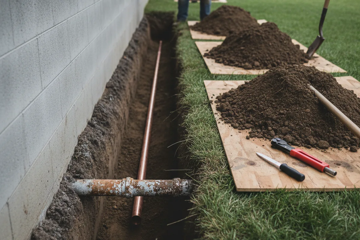 Excavated water line trench during Water Heater Repair in East Freedom
